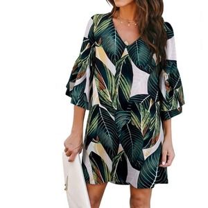 Belongsci Green Tropical Print Summer Women Dress Size S
